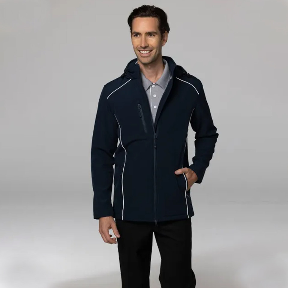Navy softshell jacket with grey piping detail, hood, and front zip pockets on male model
