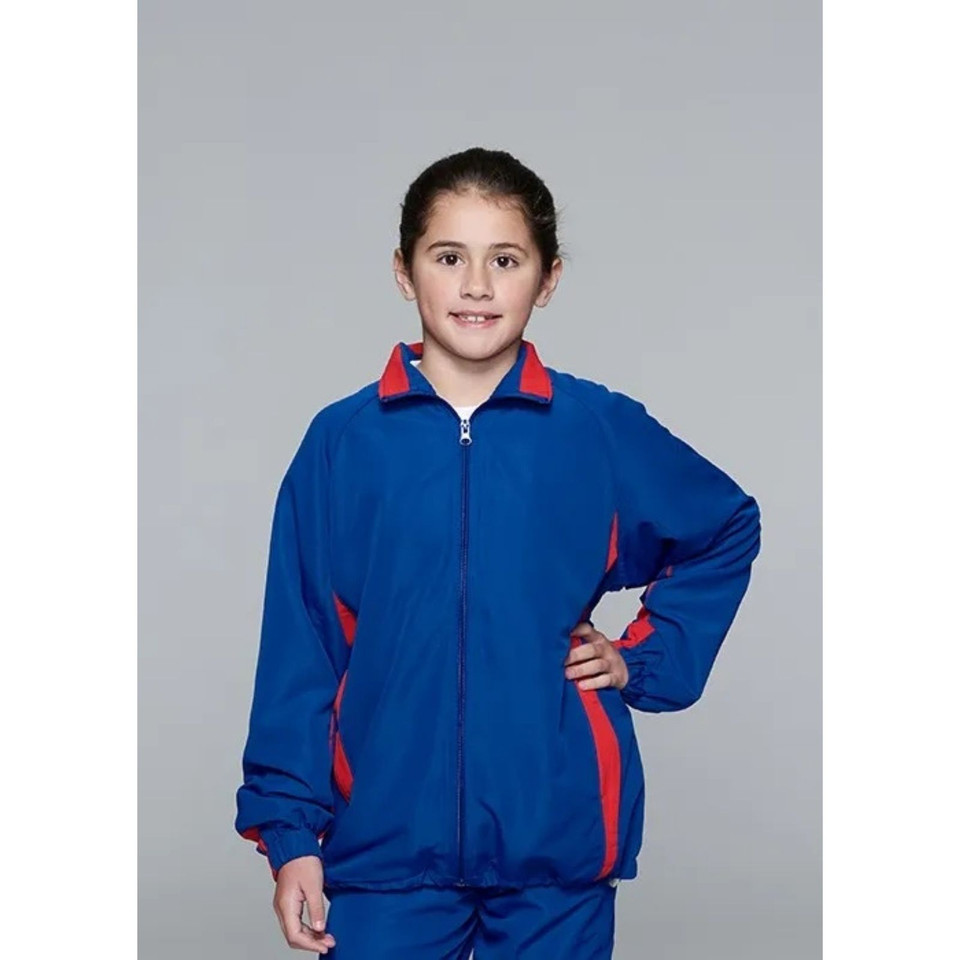 Royal blue kids tracksuit jacket with red contrast collar and side panels, full zip front