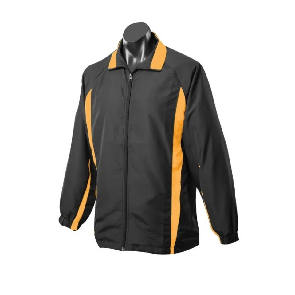 Charcoal grey kids sports jacket with gold contrast panels on sides and collar