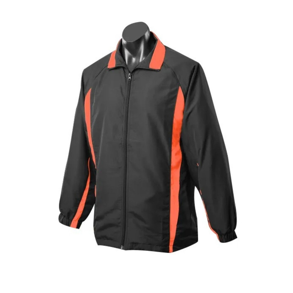 Charcoal sports jacket with neon orange side panels and collar trim featuring full zip front