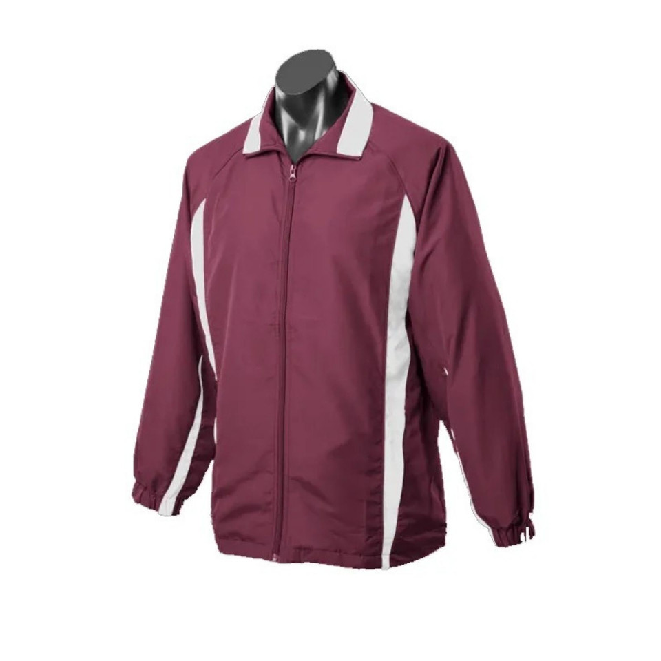 Maroon sports jacket with white side panels and contrast collar on grey mannequin