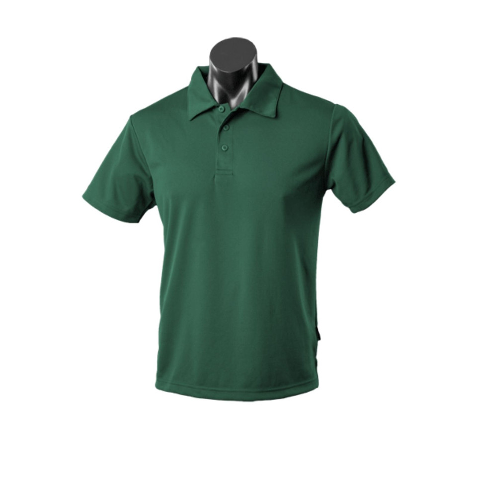 Bottle green polo shirt with collar and button placket in textured waffle knit fabric