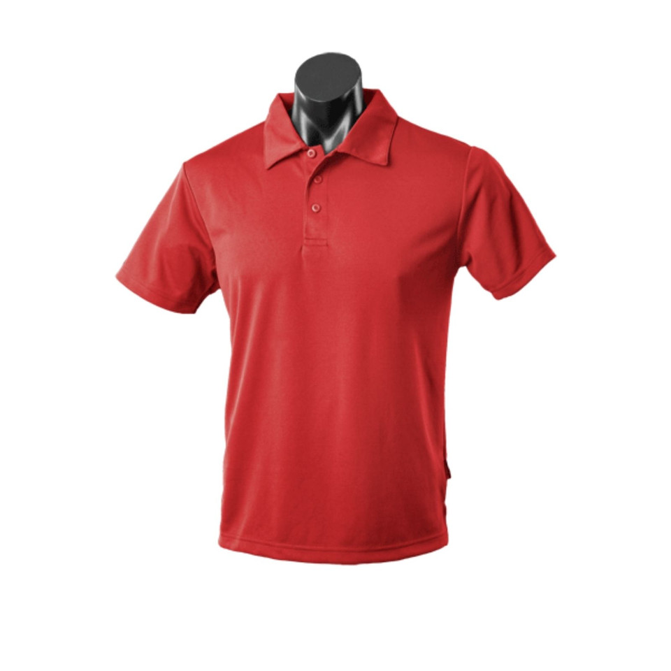 Red polo shirt with collar and button placket in textured mini waffle knit fabric
