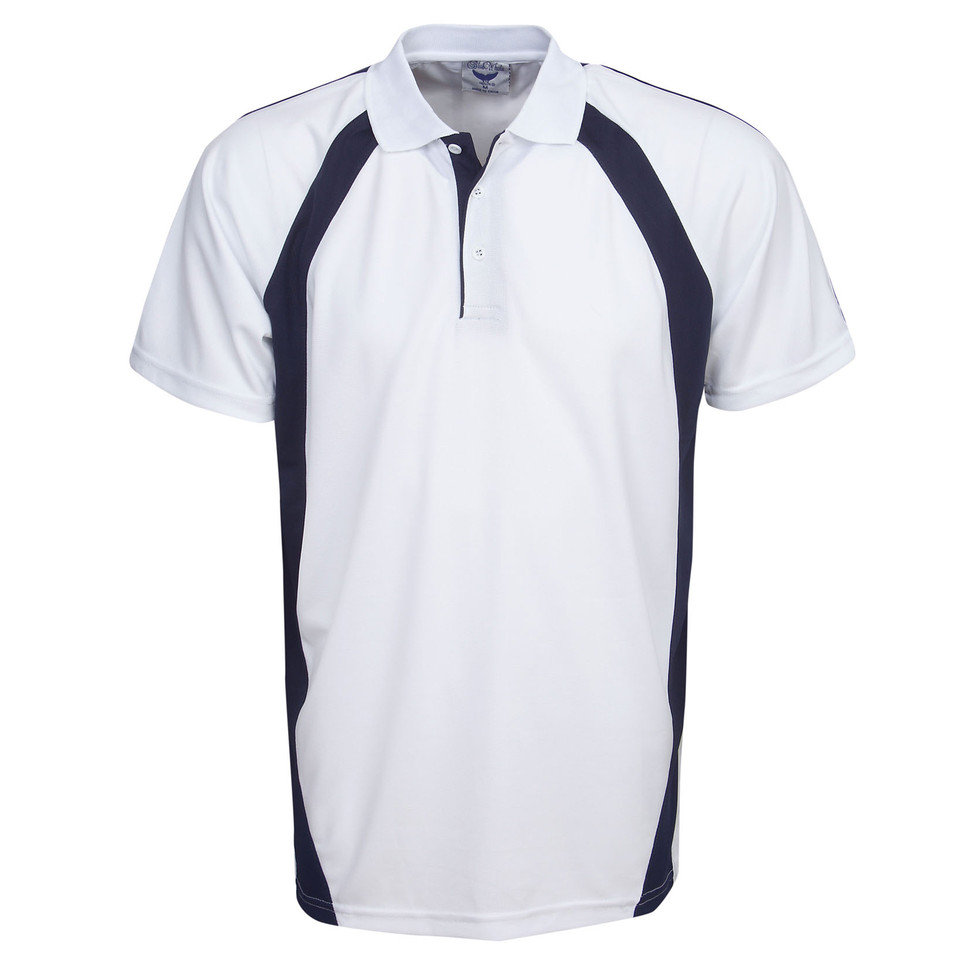 White polo shirt with navy contrast side panels and shoulder piping in mini-waffle textured fabric