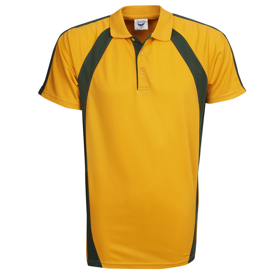 Gold polo shirt with black contrast panels on shoulders and sides in breathable mini-waffle fabric