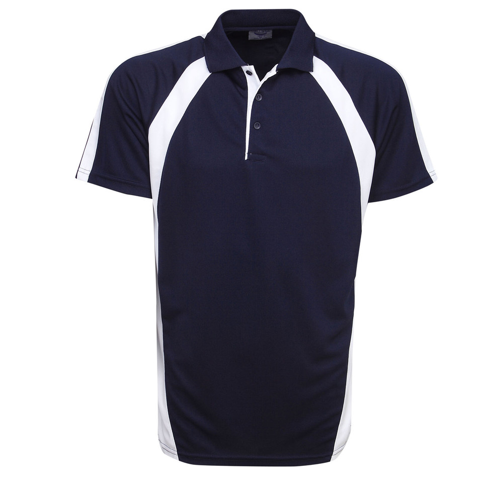 Navy polo shirt with white contrast panels on shoulders and sides, featuring mini-waffle texture fabric