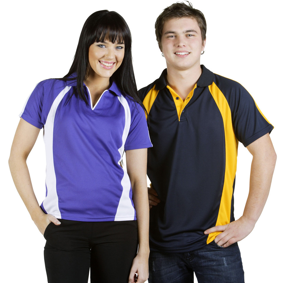 Man wearing navy and gold contrast panel mini-waffle polo with buttoned placket alongside woman in purple and white version