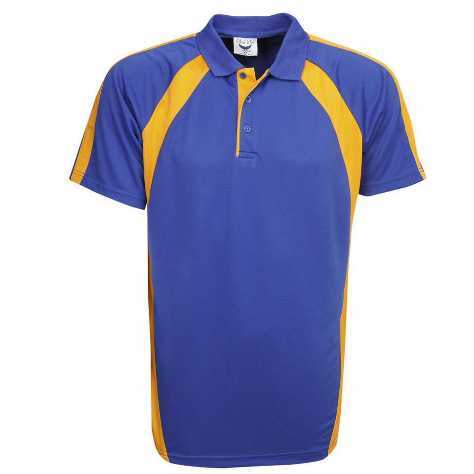 Royal+Gold George Men's Coolfast Contrast Mini Waffle Polo Shirt, a breathable, quick-dry athletic top with a textured knit and contrast collar, ideal for sports or corporate uniforms.