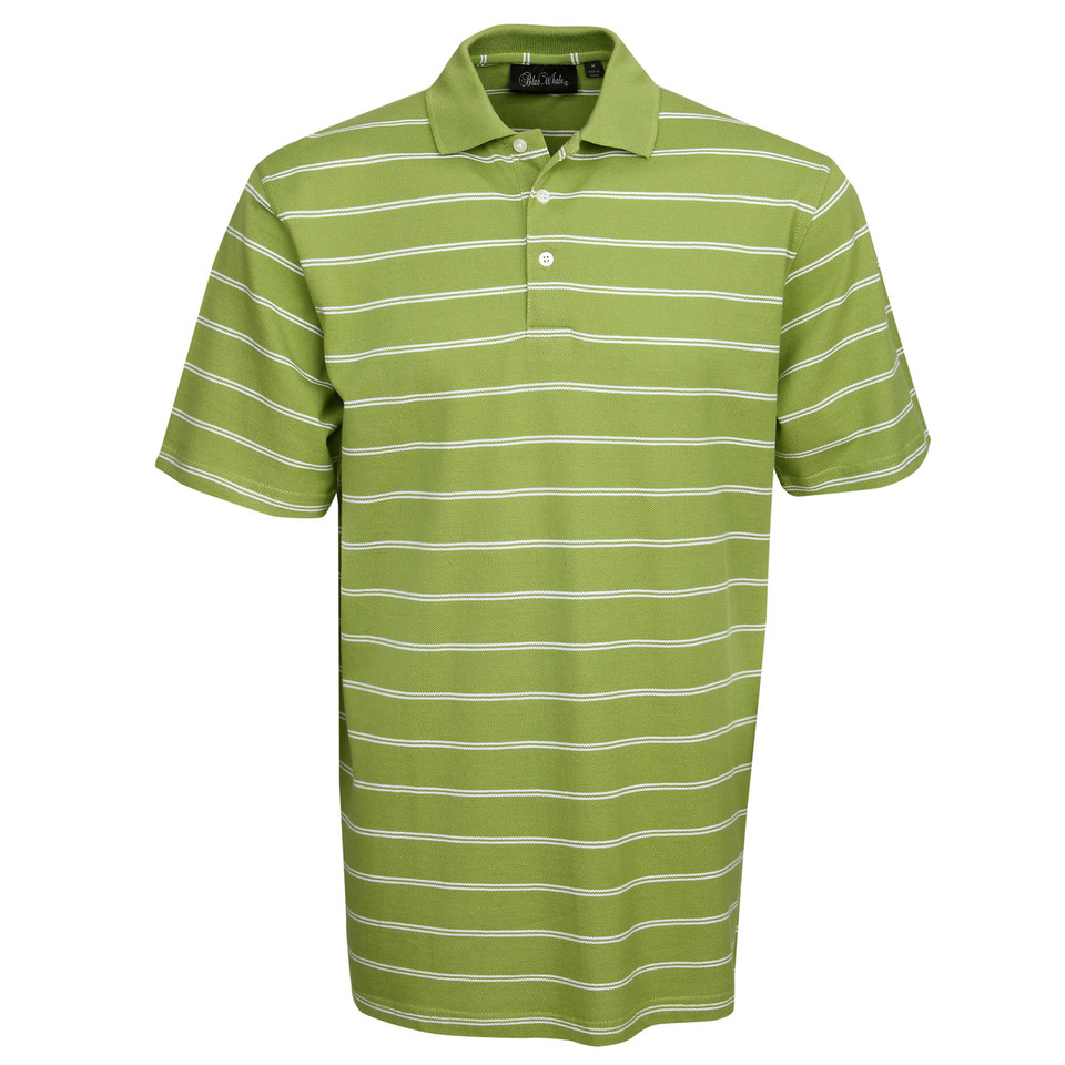 Olive green polo shirt with white horizontal stripes and collar with button placket