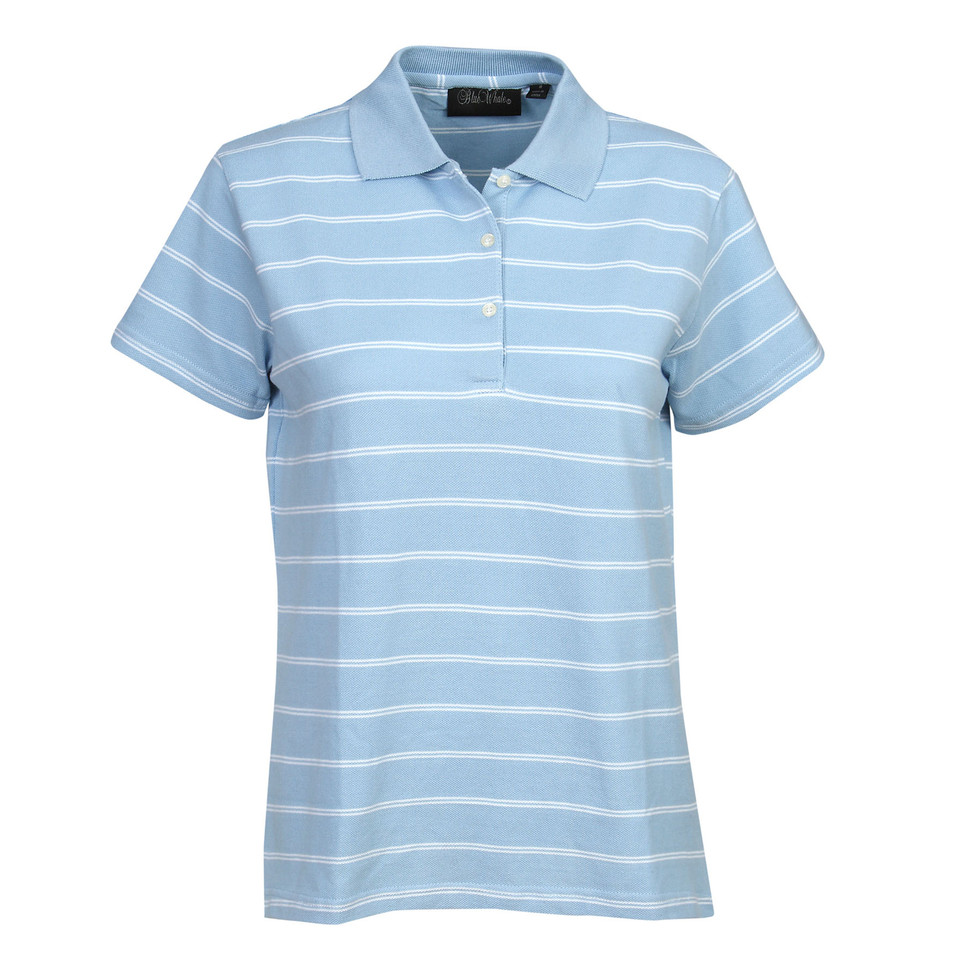 Sky blue polo shirt with white horizontal stripes and contrast collar with button placket