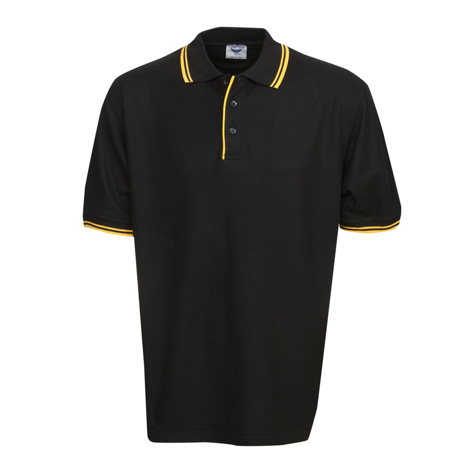 Black polo shirt with gold contrast tipping on collar and sleeves, featuring three-button placket
