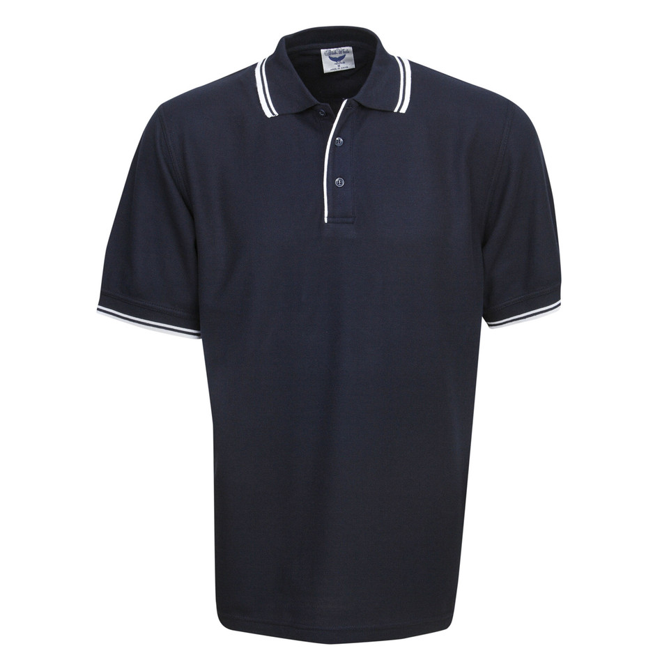 Navy polo shirt with white contrast striped collar and sleeve trim, button placket