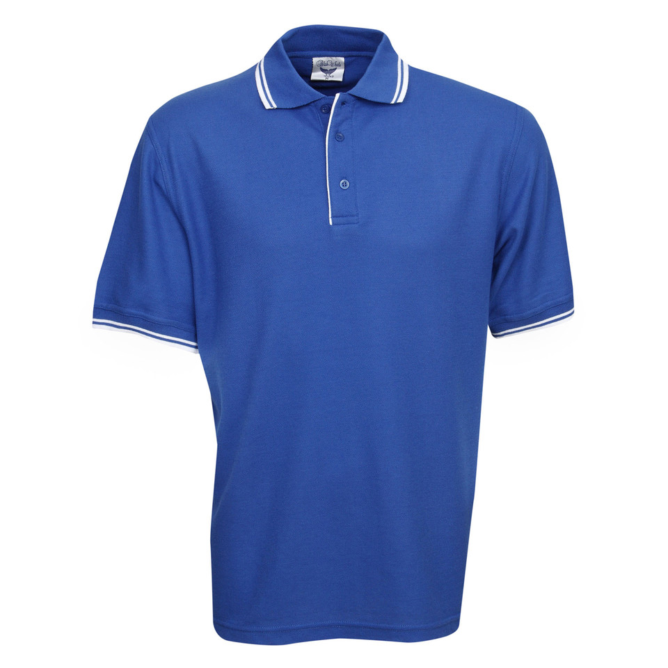 Royal blue polo shirt with white contrast tipping on collar and sleeves