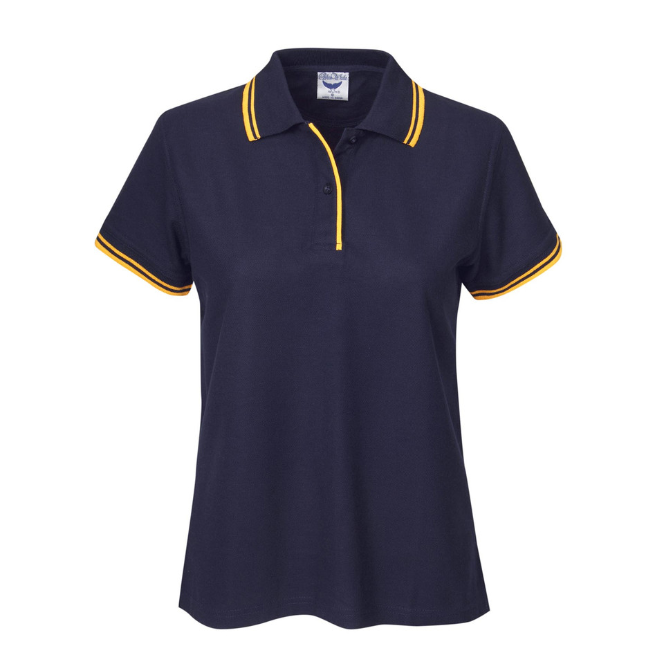 Navy ladies polo shirt with gold contrast tipping on collar, placket and sleeves