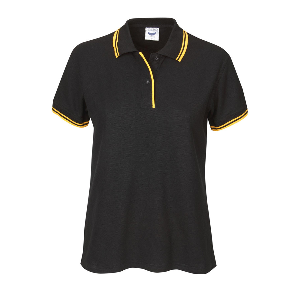 Black ladies polo shirt with gold contrast tipping on collar, placket and sleeves