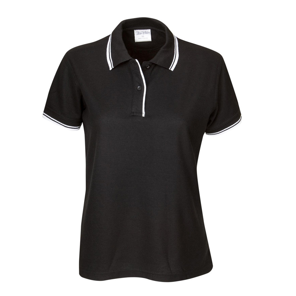 Black ladies polo shirt with white contrast tipping on collar, placket and sleeve cuffs