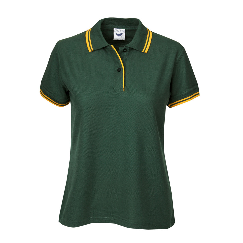 Forest green ladies polo shirt with gold contrast tipping on collar, placket and sleeves