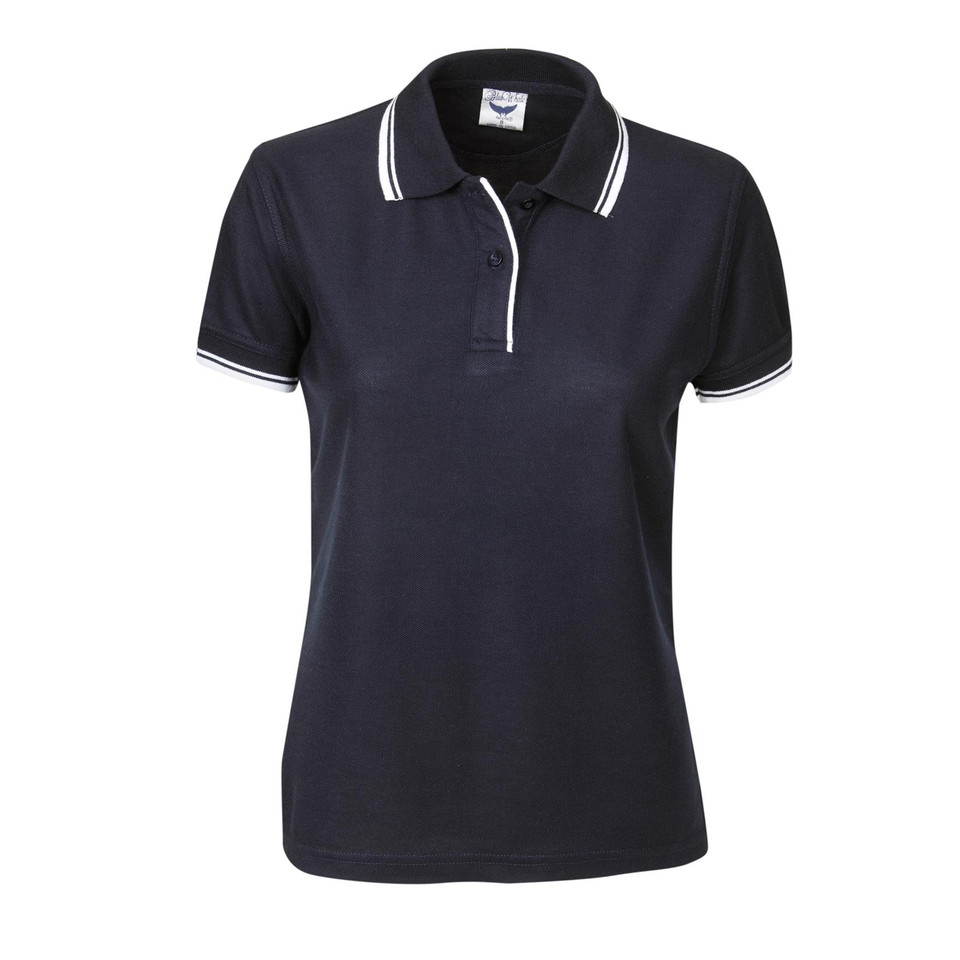 Navy ladies polo with white contrast tipping on collar and sleeves