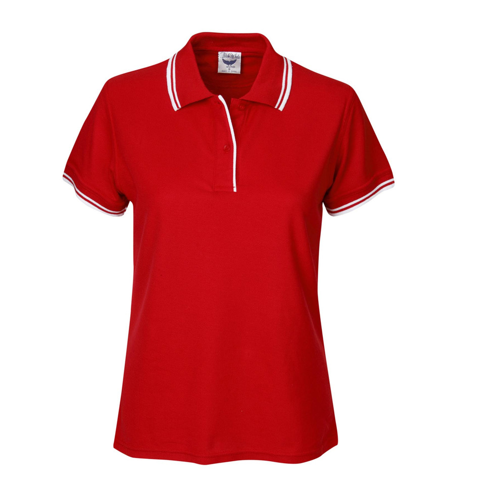 Red ladies polo shirt with white contrast tipping on collar, sleeves and placket