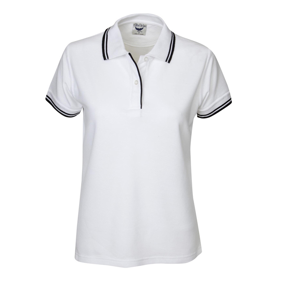 White ladies polo shirt with black contrast tipping on collar and sleeves