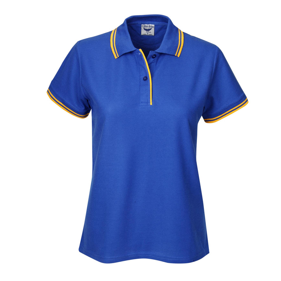 Royal blue ladies polo shirt with gold and white contrast collar and sleeve tipping