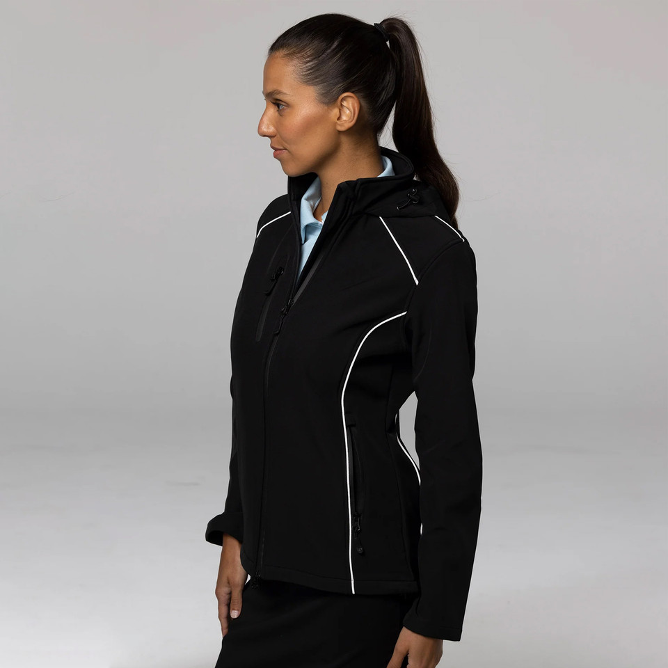 Black softshell hooded jacket with white contrast piping detail along seams and zipper