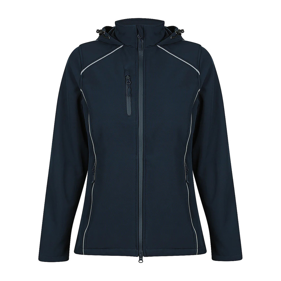 Navy softshell jacket with white piping detail, detachable hood and chest pocket