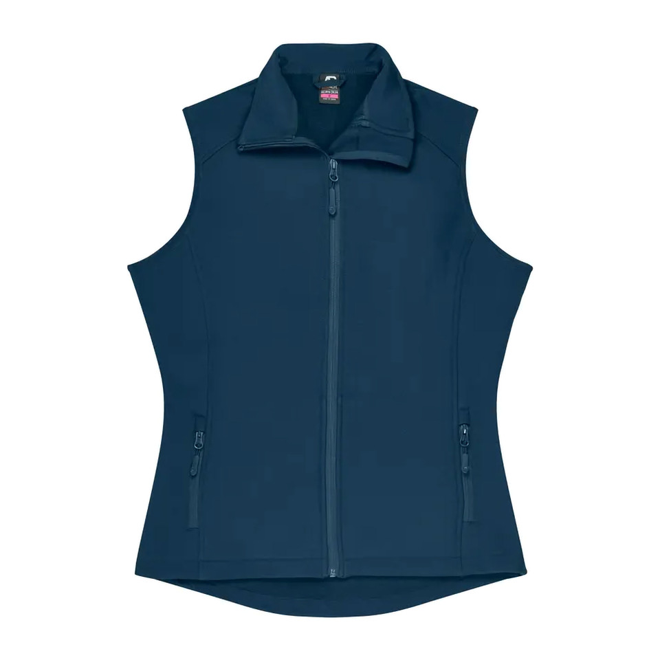 Navy Selwyn Ladies 2 Layer Performance Softshell Vest, a lightweight, wind-resistant, and water-repellent waistcoat suitable for corporate or outdoor use.