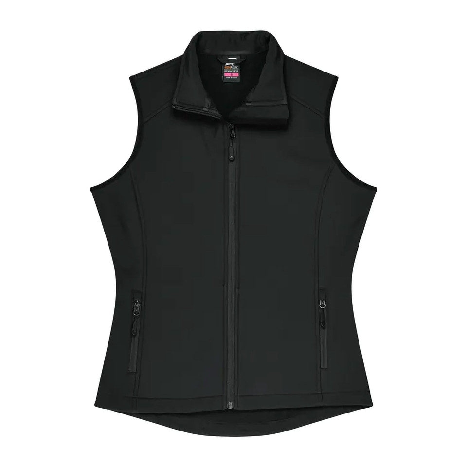 Black Selwyn Ladies 2 Layer Performance Softshell Vest, a lightweight, wind-resistant, and water-repellent waistcoat suitable for corporate or outdoor use.