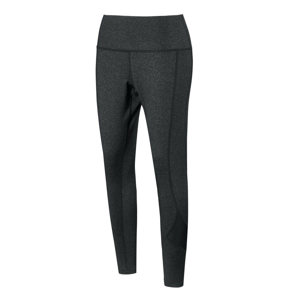 Charcoal grey full-length leggings with wide waistband and side pocket detail