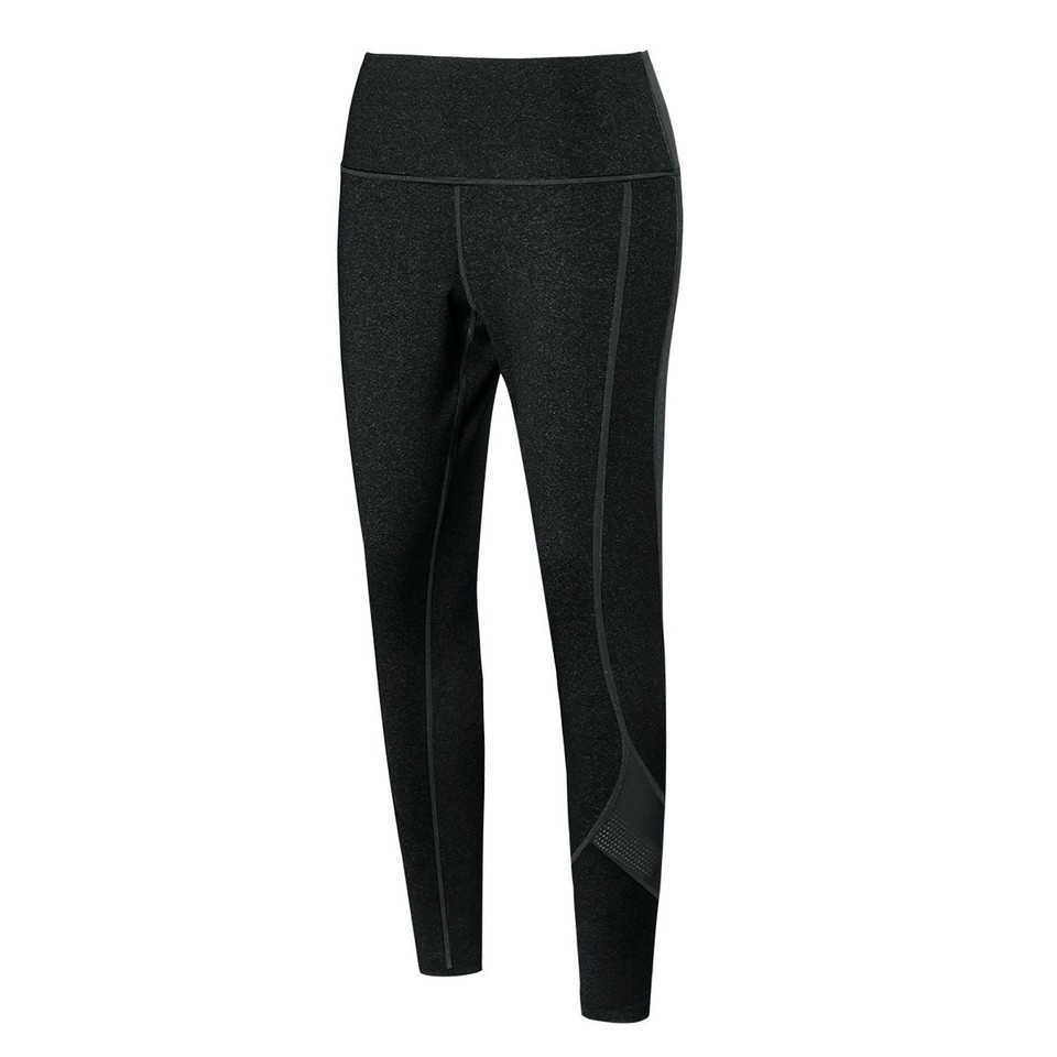 Charcoal grey women's full-length leggings with high waistband and visible side pocket seam detail
