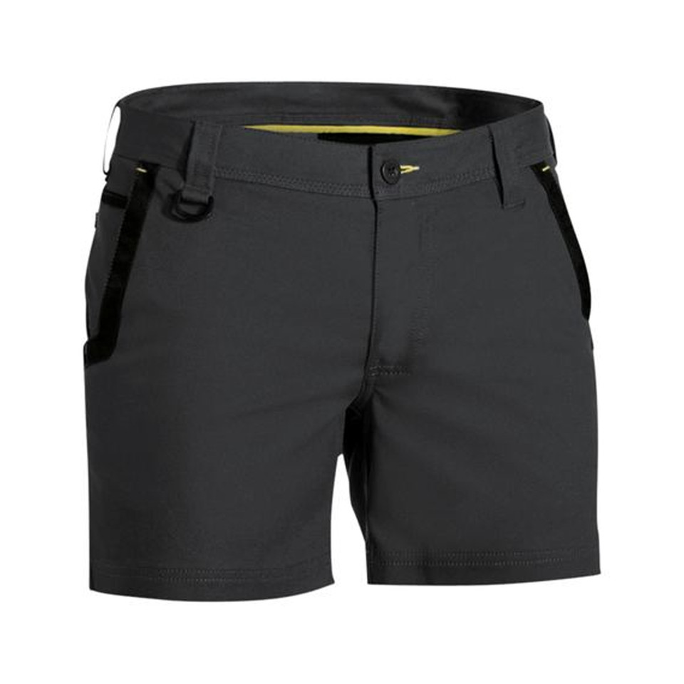 Charcoal stretch canvas work shorts with utility loops and contrast yellow inner waistband