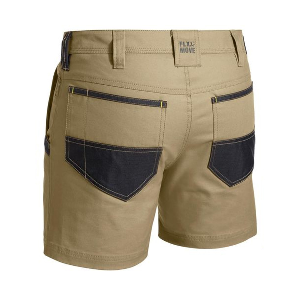 Khaki stretch canvas work short shorts rear view with navy contrast back pockets and yellow contrast stitching