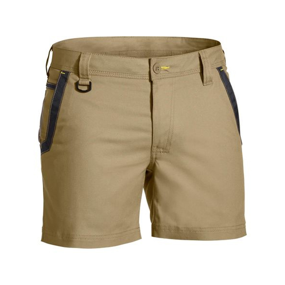 Khaki canvas work shorts with navy contrast side panels and D-ring utility loops on waistband
