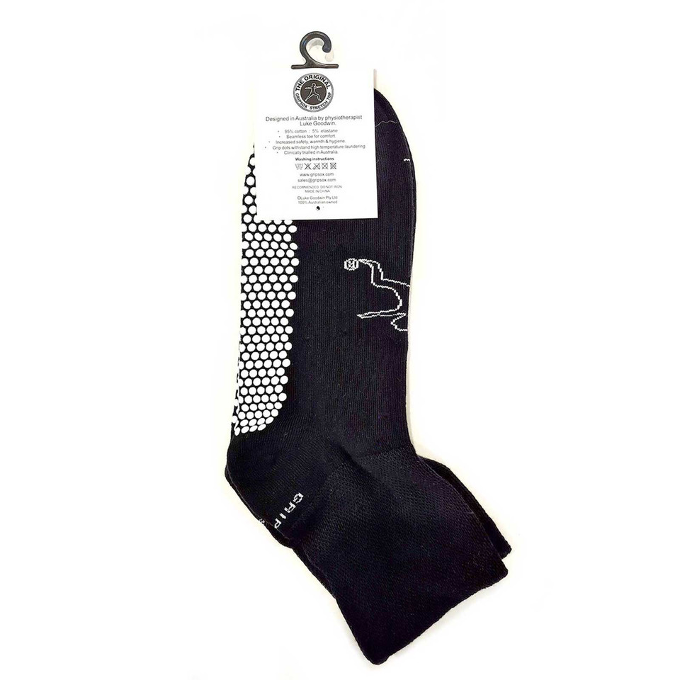 Black stretch-top socks with white grip dots on sole and kangaroo logo detail
