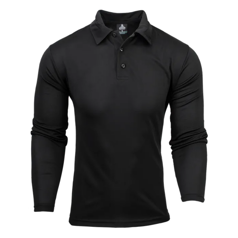 Plain Black Basset Mens long sleeve polo shirt featuring DriWear technology and easy care, ideal for workwear or corporate uniforms.