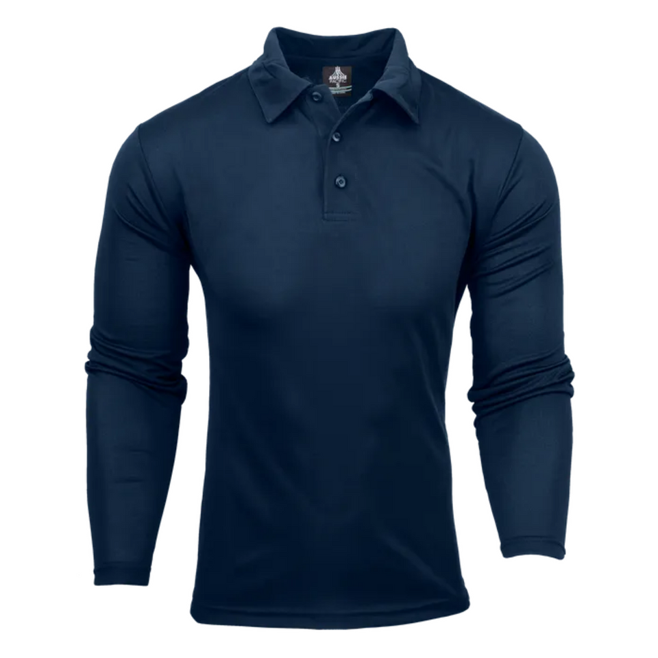 Plain Navy Basset Mens long sleeve polo shirt featuring DriWear technology and easy care, ideal for workwear or corporate uniforms.