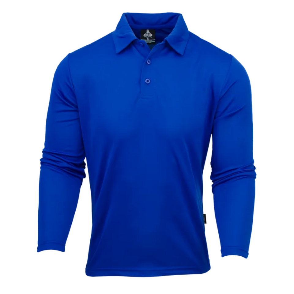 Plain Royal Basset Mens long sleeve polo shirt featuring DriWear technology and easy care, ideal for workwear or corporate uniforms.