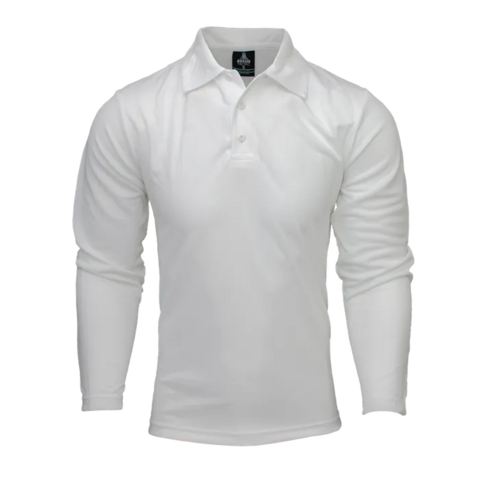 Blank White Basset Mens long sleeve polo shirt featuring DriWear technology and easy care, ideal for workwear or corporate uniforms.