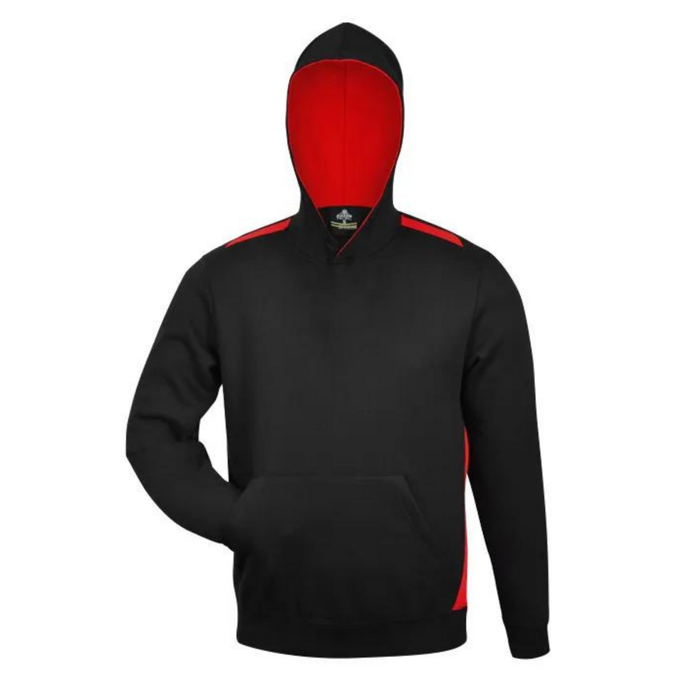 Black+Red Paterson Kids Contrast Fleecy Hoodie, a warm pullover hooded sweatshirt with contrast colored lining, ideal for school uniforms or cold weather casual wear.