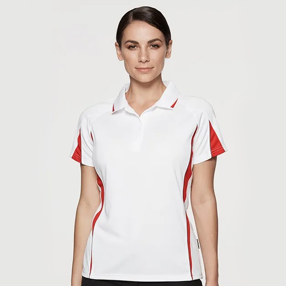White ladies sports polo with red side panels and contrast piping in mini-waffle fabric