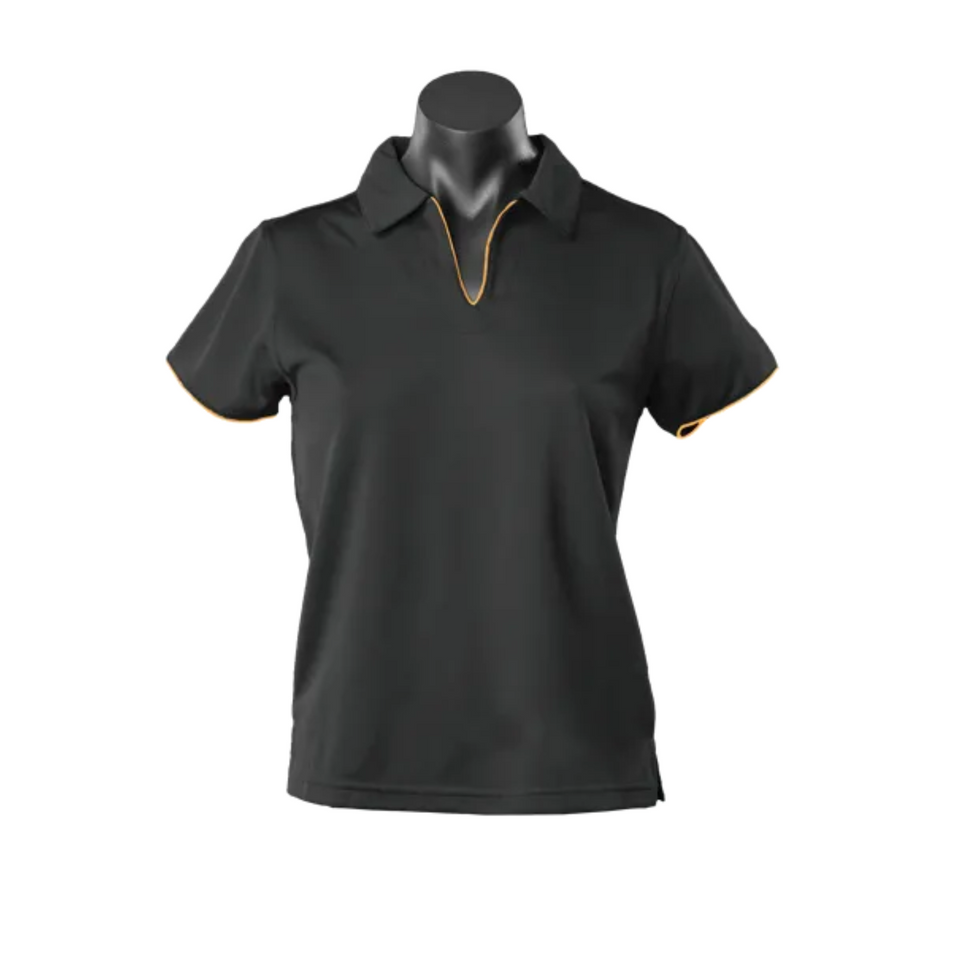 Black + Gold Yara Ladies Contrast Piping Driwear Polo Shirt, a quick-dry, moisture-wicking top ideal for corporate or sports team uniforms.