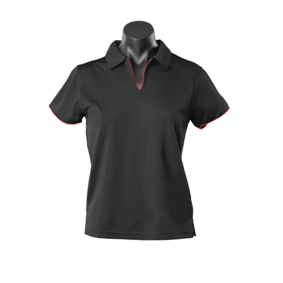 Black + Red Yara Ladies Contrast Piping Driwear Polo Shirt, a quick-dry, moisture-wicking top ideal for corporate or sports team uniforms.