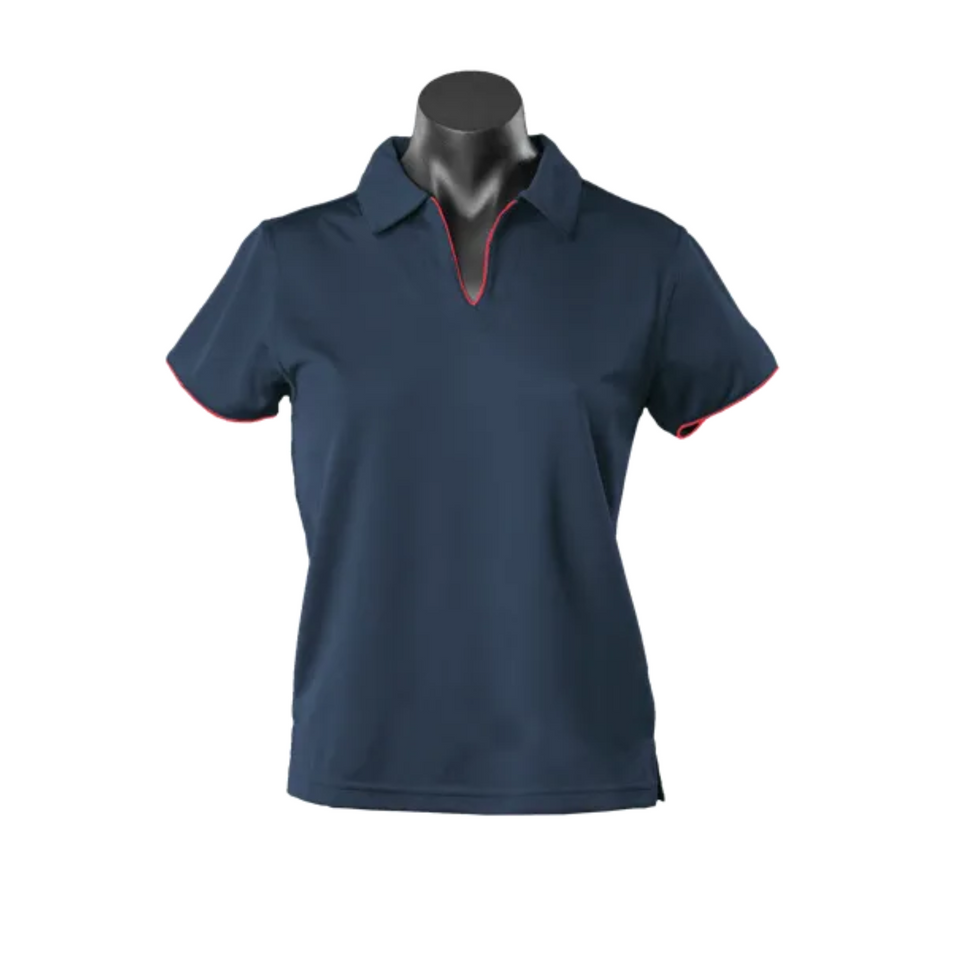 Navy + Red Yara Ladies Contrast Piping Driwear Polo Shirt, a quick-dry, moisture-wicking top ideal for corporate or sports team uniforms.