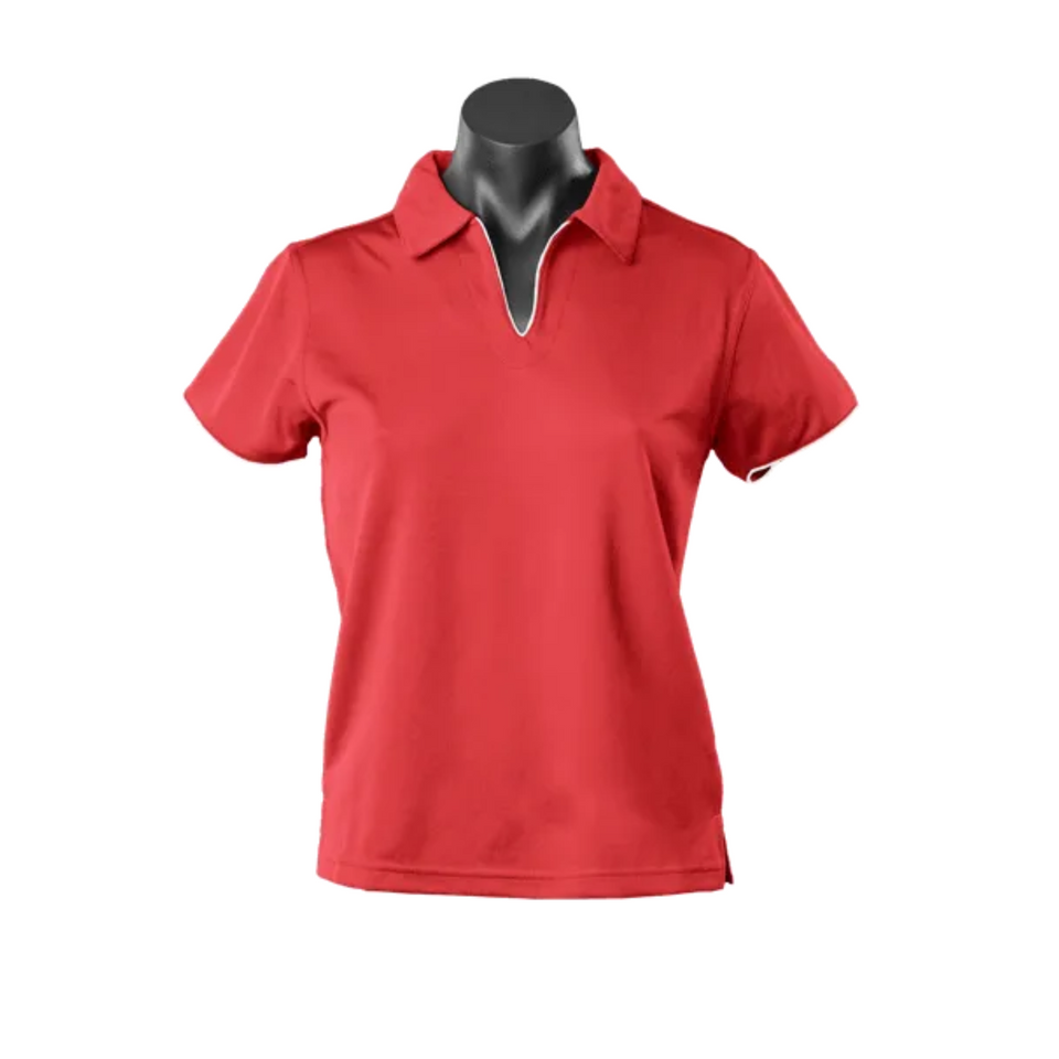 Red+ White Yara Ladies Contrast Piping Driwear Polo Shirt, a quick-dry, moisture-wicking top ideal for corporate or sports team uniforms.