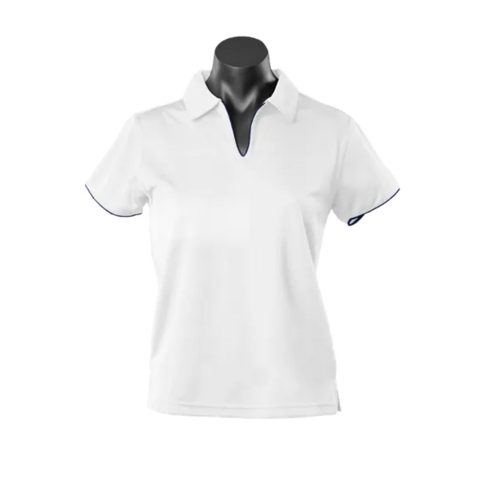 White +Navy Yara Ladies Contrast Piping Driwear Polo Shirt, a quick-dry, moisture-wicking top ideal for corporate or sports team uniforms.