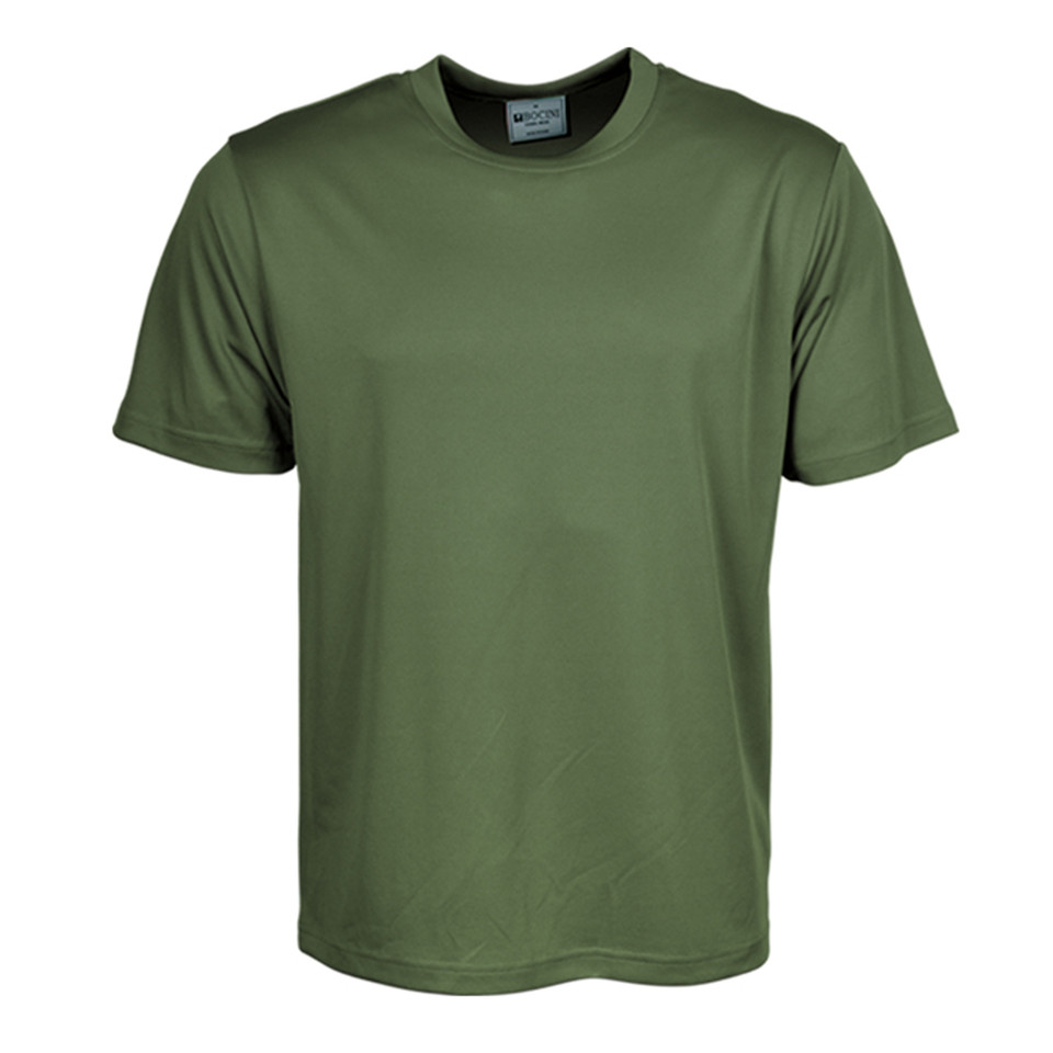 Olive green unisex crew neck short sleeve tee with smooth micromesh finish, flat front panel ideal for decoration