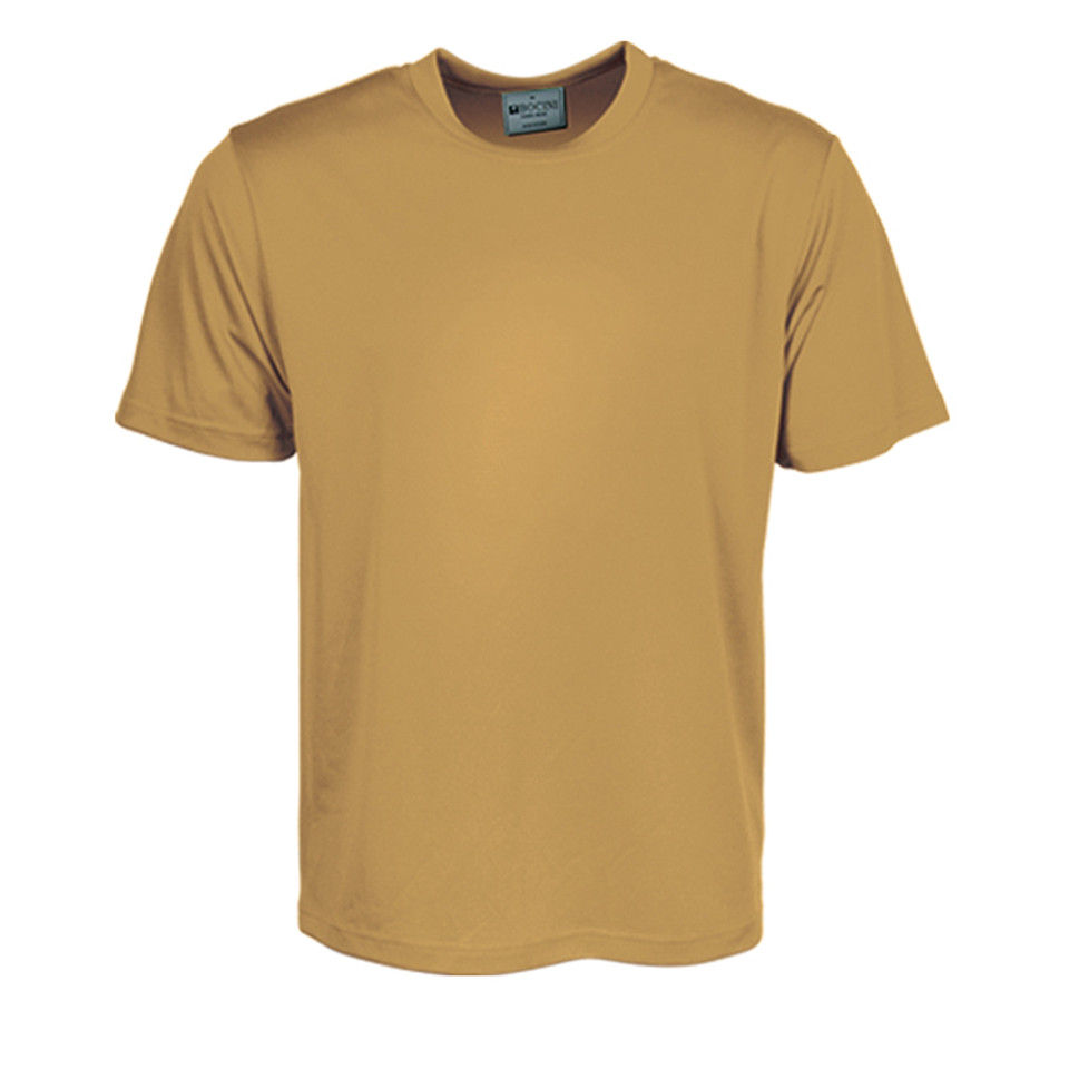 Mustard yellow crew neck t-shirt in quick-dry micromesh fabric with smooth flat front panel