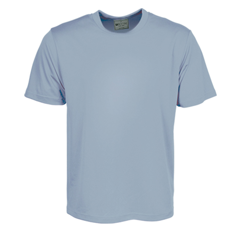 Sky blue unisex crew neck t-shirt with smooth micromesh fabric and short sleeves, flat front packshot