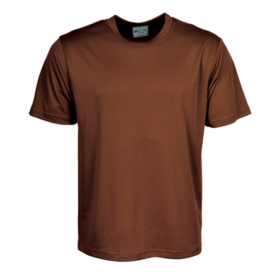 Chocolate brown micromesh t-shirt with black contrast crew neck and smooth performance fabric finish